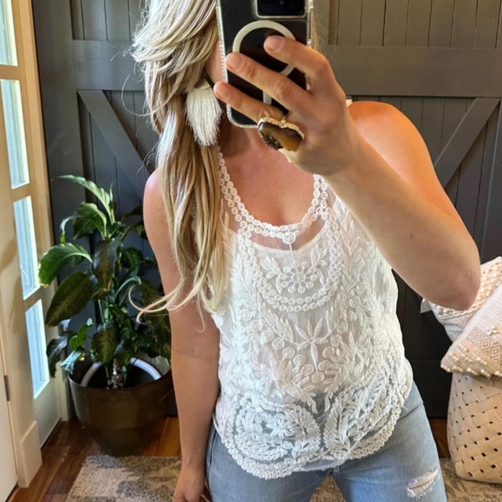 New White Eyelet Lace Tank Top Sleeveless Blouse Layering Boho - Picture 2 of 10